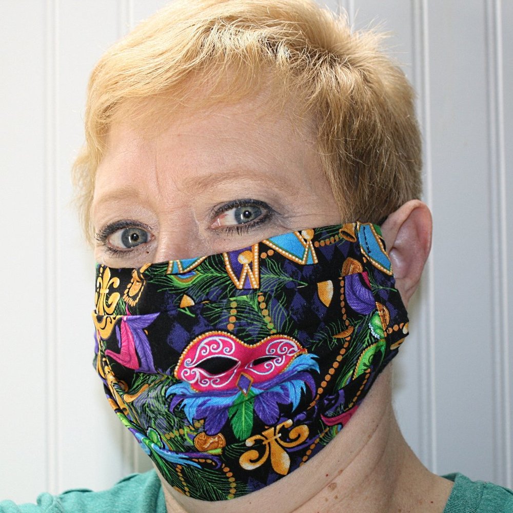 HAND CRAFTED Face Mask Mardi Gras Adult Cloth Fabric Print - Pocket Style